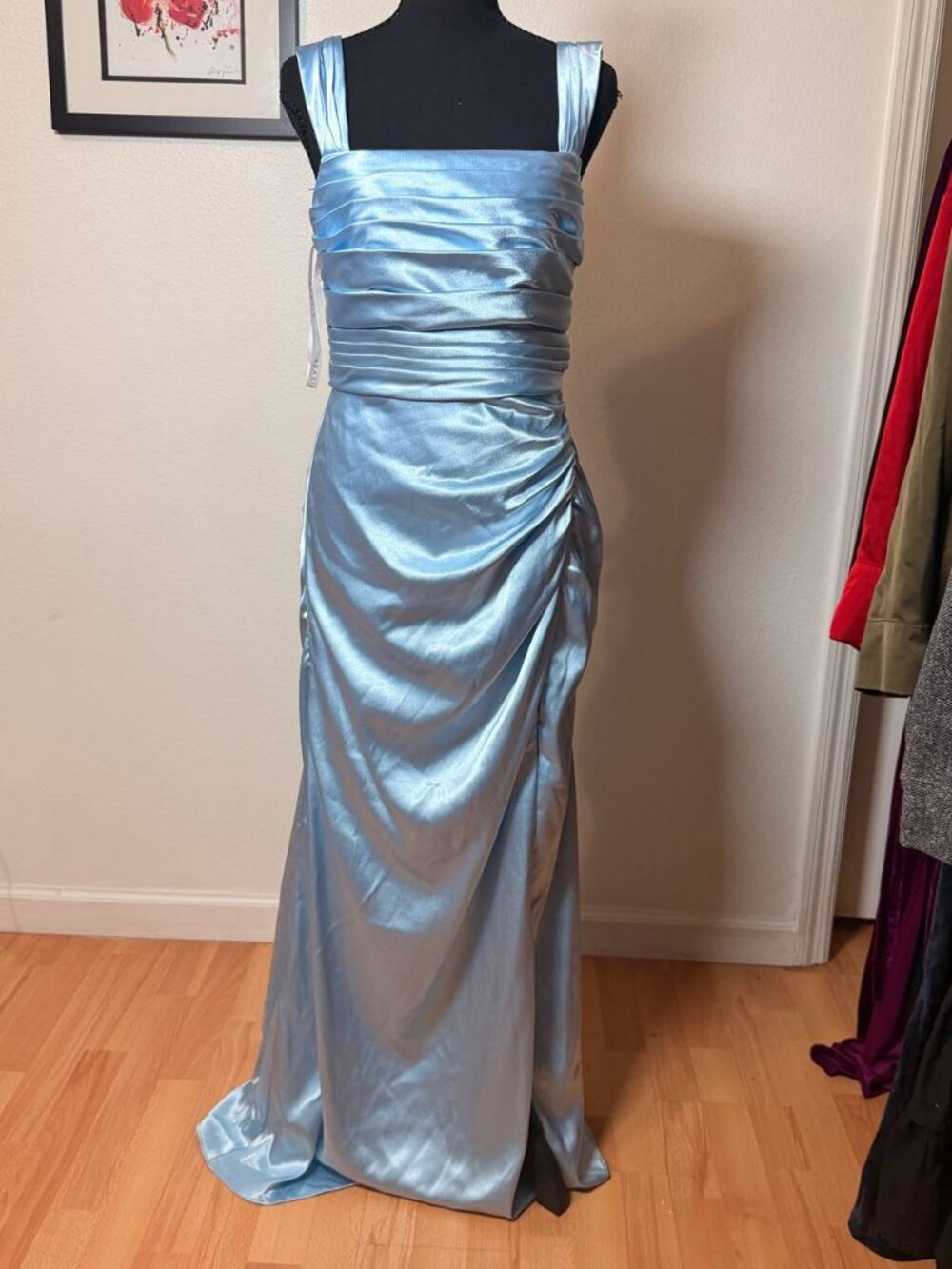 Azazie Dusty Blue Satin Gown Prom Homecoming Bridesmaid Dress, Old Hollywood
